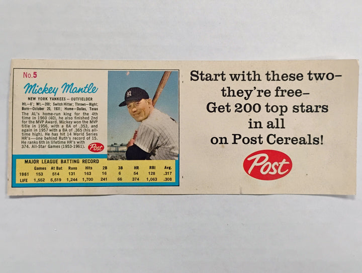 1962 Post Cereal Mickey Mantle #5/Roger Maris #6 Magazine Ad Insert