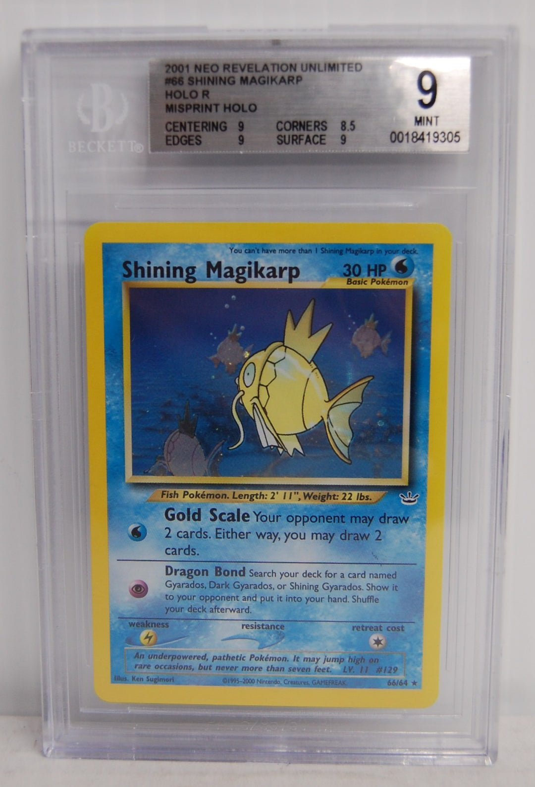 Pokemon 2001 Shining Magikarp Holo 66/64 Double Error Neo Revelation BGS 9