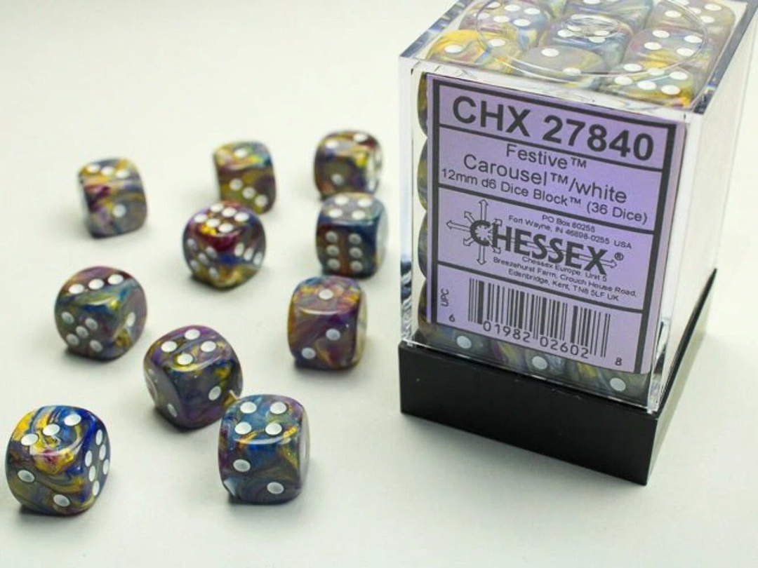 12mm 36Ct D6 Dice Block: Festive Carousel/White