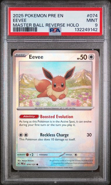 Pokemon 2025 Pre En-Prismatic Evolutions #074 Eevee Master Ball Reverse Holo PSA 9