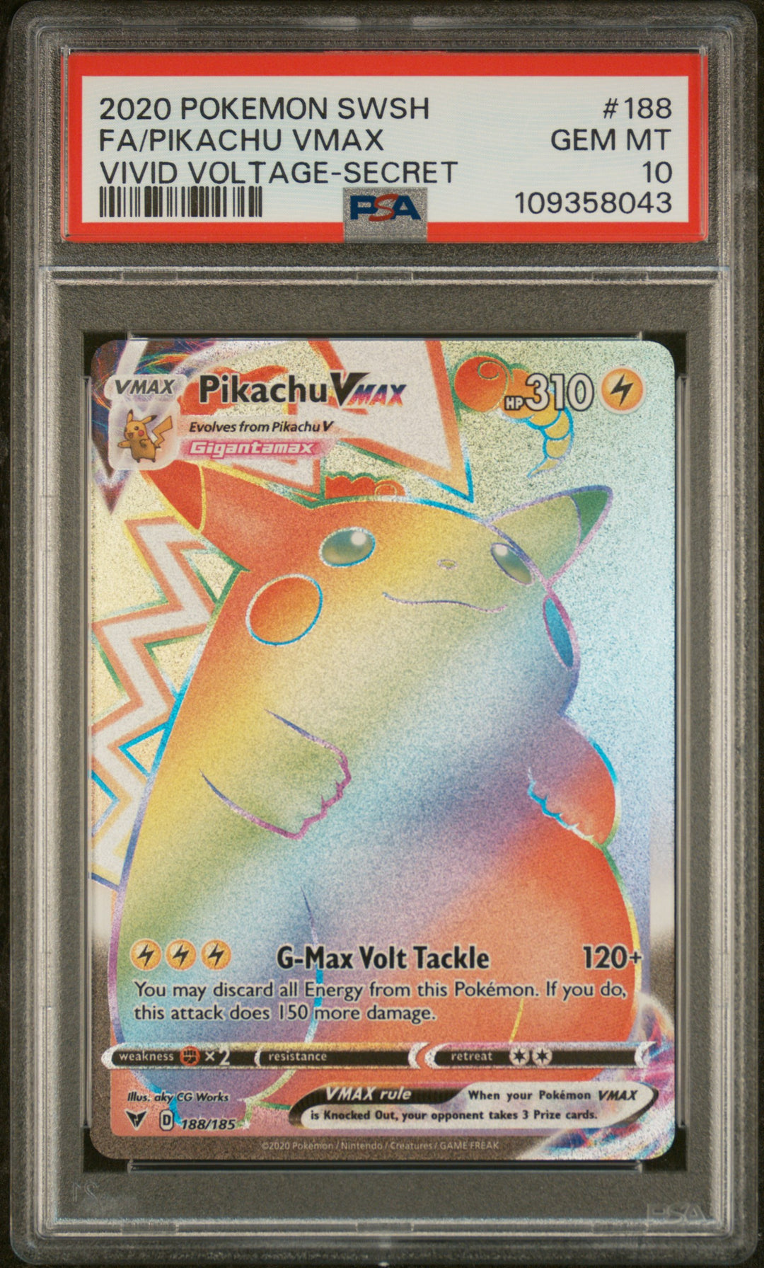 Pokemon 2020 SwSh FA/Pikachu Vmax Vivid Voltage-Secret #188 PSA 10