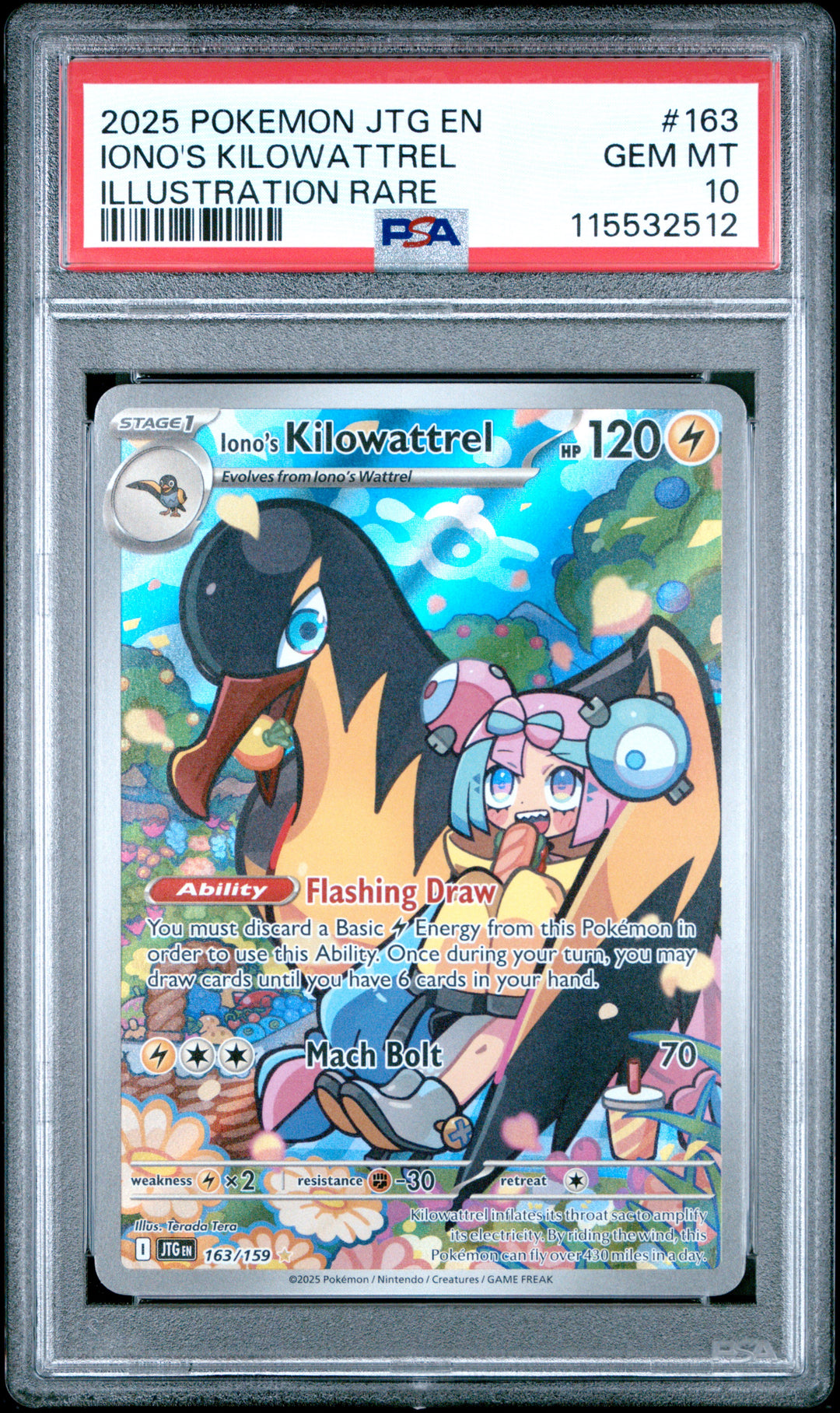 Pokemon 2025 JTG En-Journey Together #163 Iono's Kilowattrel Illustration Rare PSA 10