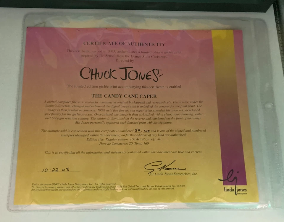 Grinch Stole Christmas Dr. Suess Candy Cane Caper Limited 52 of 100 & Certificate