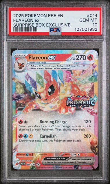 Pokemon 2025 Pre En Prismatic Evolutions #014 Flareon ex Surprise Box Exclusive PSA 10