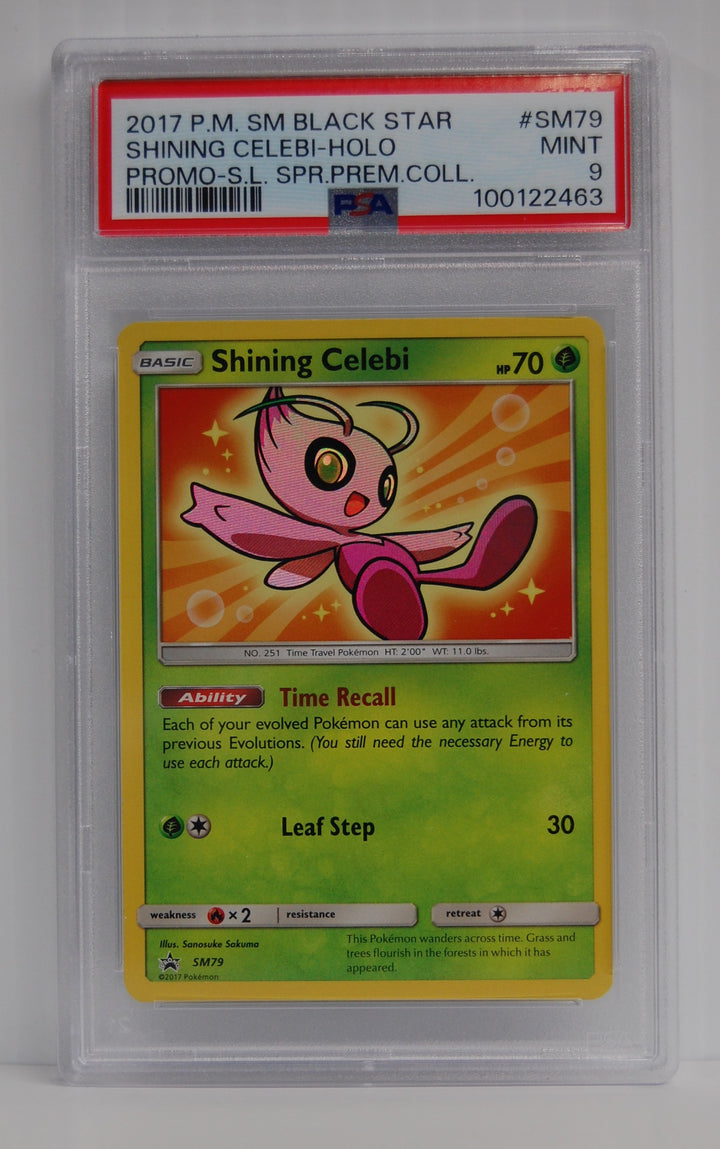 2017 Pokemon P.M. Sm Black Star Shining Celebi-Holo Promo-S.L. Spr. Prem. Coll. #SM79 PSA 9