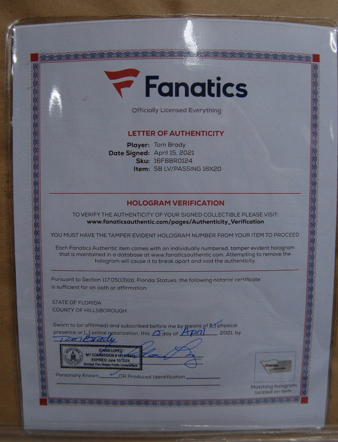 Tom Brady Super Bowl LV Champions M.V.P Passing Autograghed 16X20 Photo Fanatics Certification Football