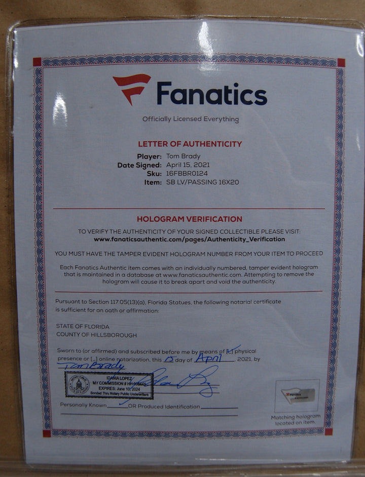 Tom Brady Super Bowl LV Champions M.V.P Passing Autograghed 16X20 Photo Fanatics Certification Football