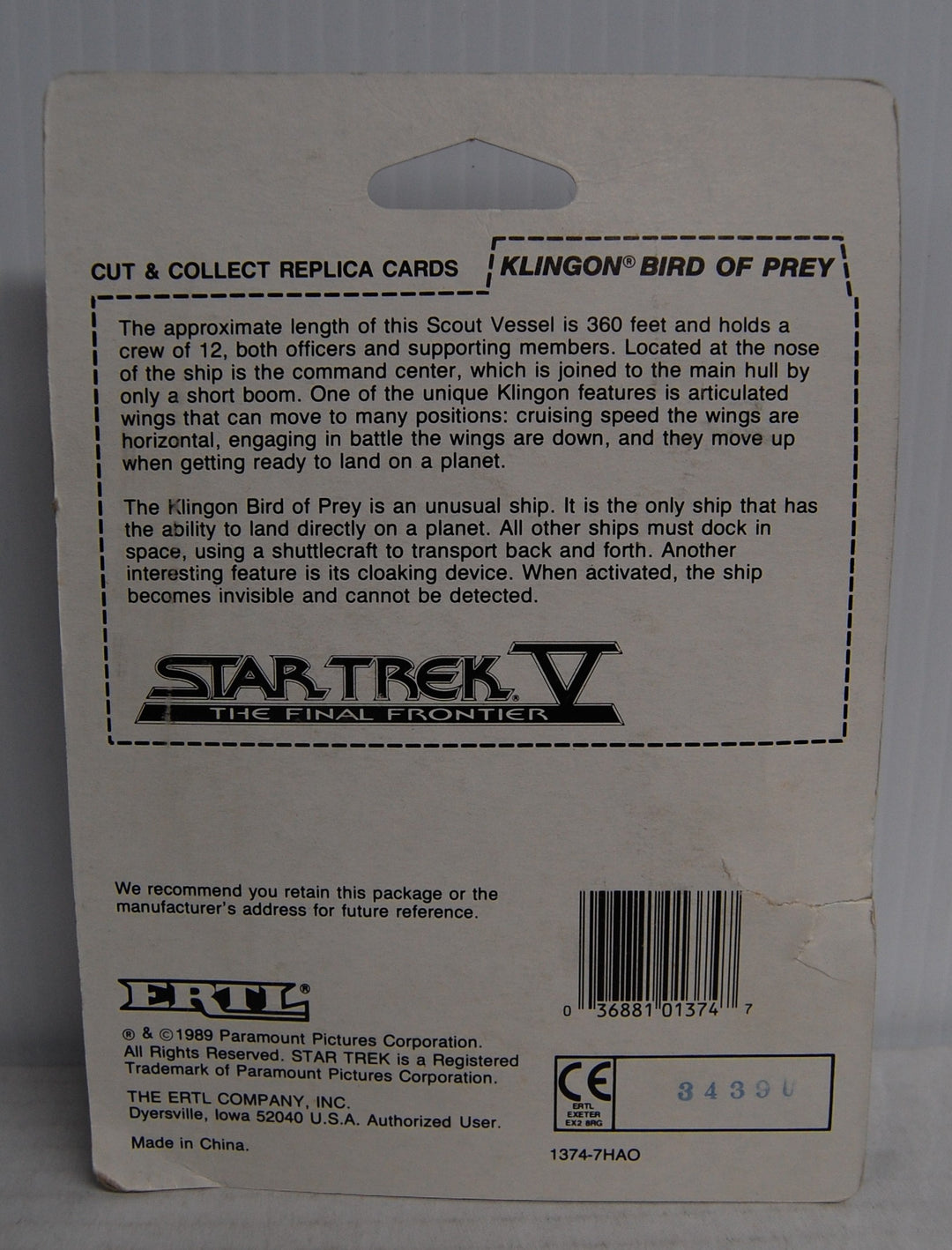 Star Trek V: The Final Frontier - Klingon Bird of Prey - Die-Cast 1989 Ertl #1374