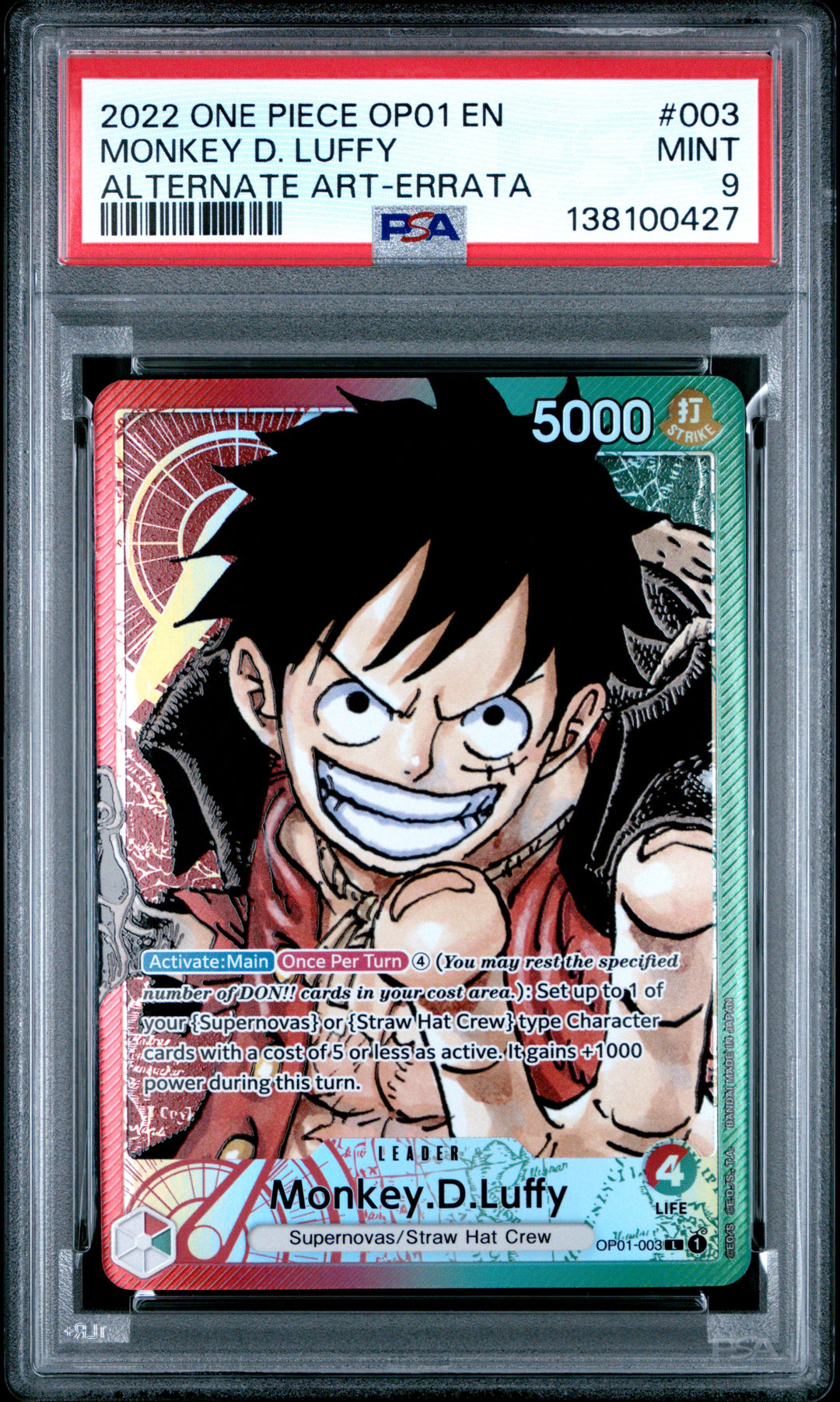 One Piece 2022 OP01-Romance Dawn #003 Monkey D. Luffy Alternate Art-Errata PSA 9