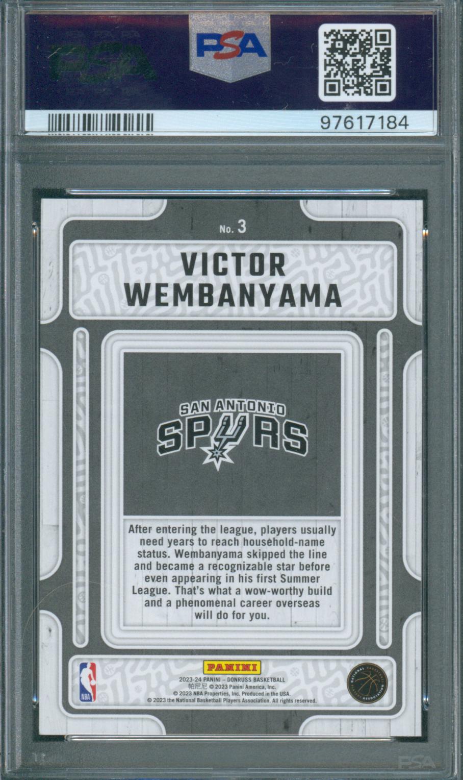2023 Donruss Basketball Victor Wembanyama RC #3 Hardwood Masters-Diamond PSA 10 GEM
