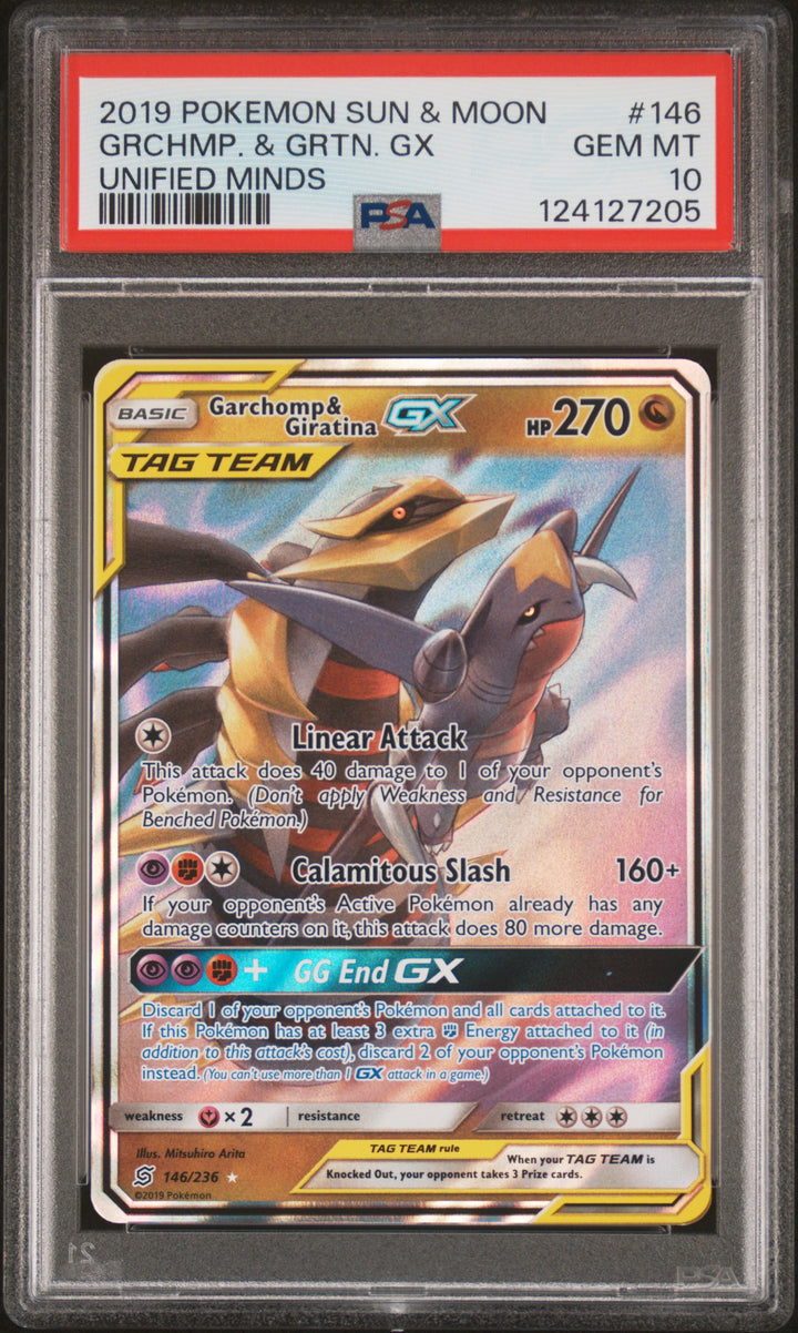 Pokemon 2019 Sun & Moon Unified Minds #146 Grchmp, Grtn. GX Unified Minds PSA 10