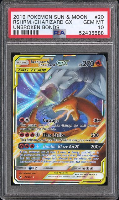Pokemon 2019 Sun & Moon Reshiram & Charizard GX Unbroken Bonds #20 PSA 10