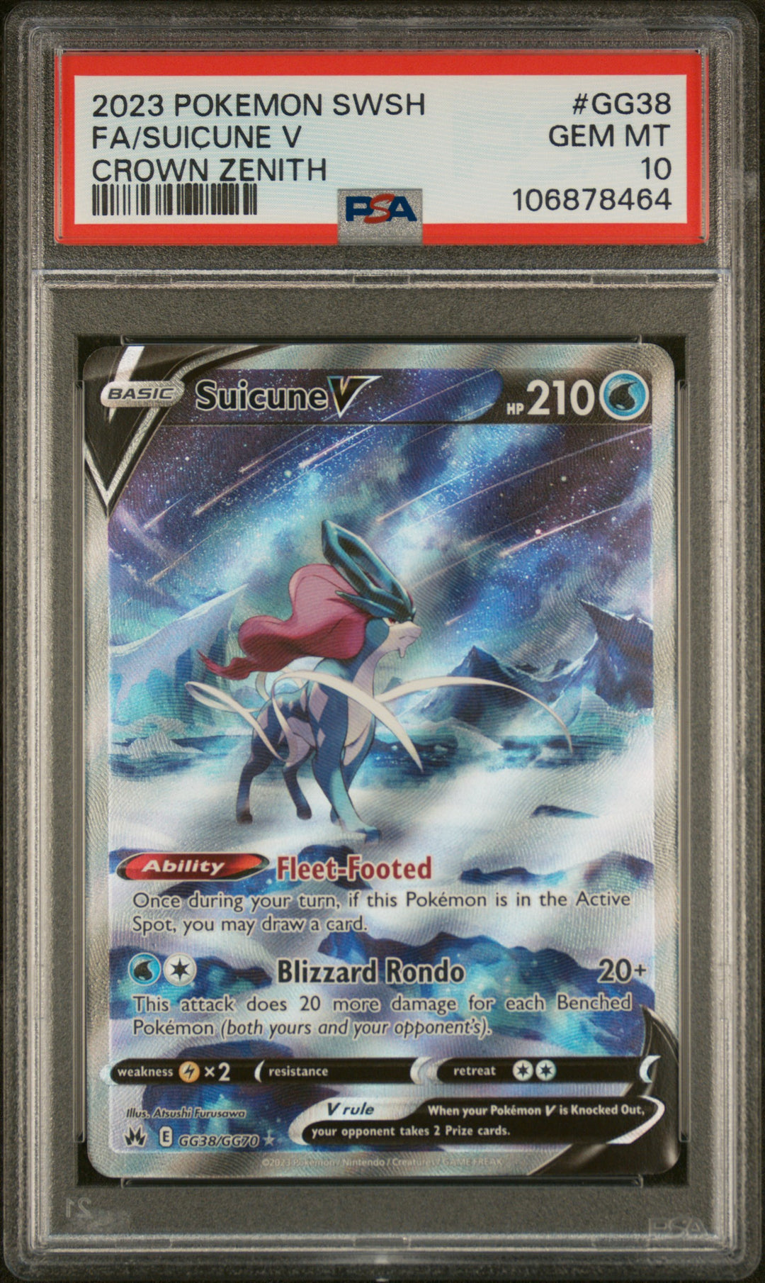 Pokemon 2023 Sword Shield Crown Zenith #GG38 FA/Suicune V PSA 10