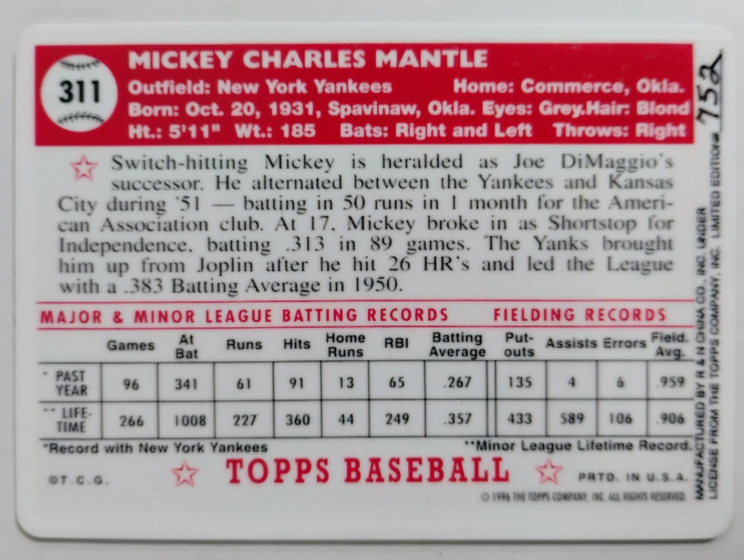 1952 Topps Baseball Mickey Mantle R&N Porcelain Limited Edition