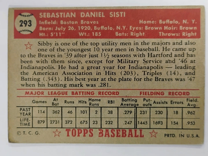 1952 Topps Baseball Sibby Sisti #293 Red Back