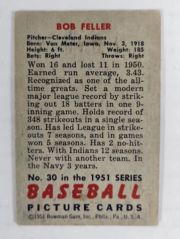 1951 Bowman Baseball Bob Feller #30 Good Partial Set Break