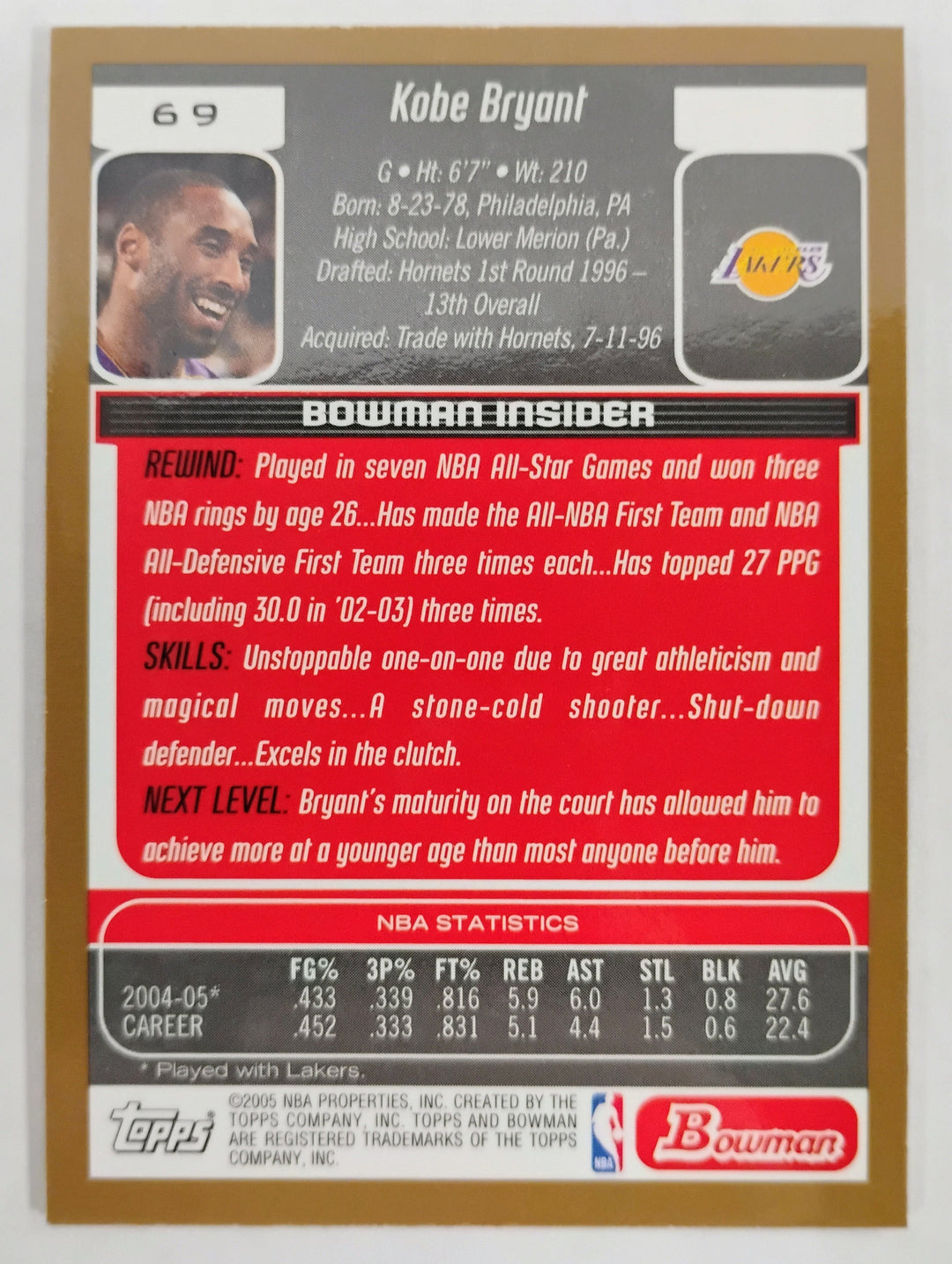 2005 Bowman Draft Picks & Prospects Kobe Bryant #69 Gold SP