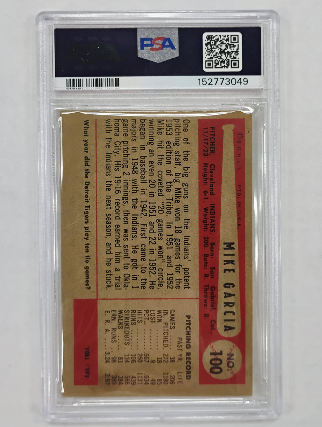 1954 Bowman Baseball Mike Garcia #100 PSA 3 VG