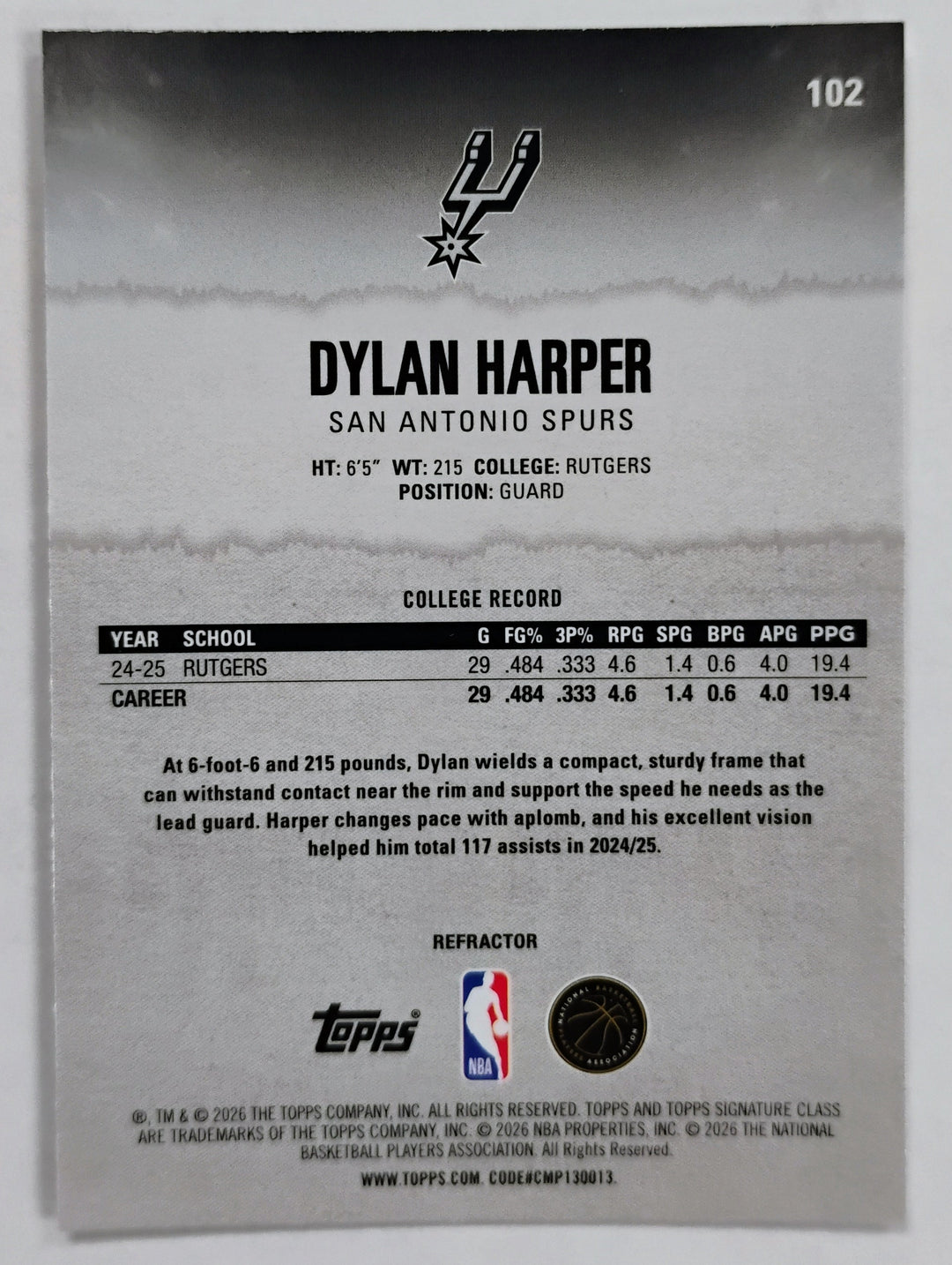 2026 Topps Signature Class Basketball Dylan Harper RC #102 Refractor Round 1 Pick 2