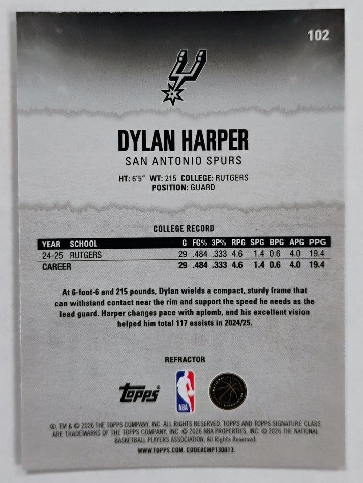 2026 Topps Signature Class Basketball Dylan Harper RC #102 Refractor Round 1 Pick 2