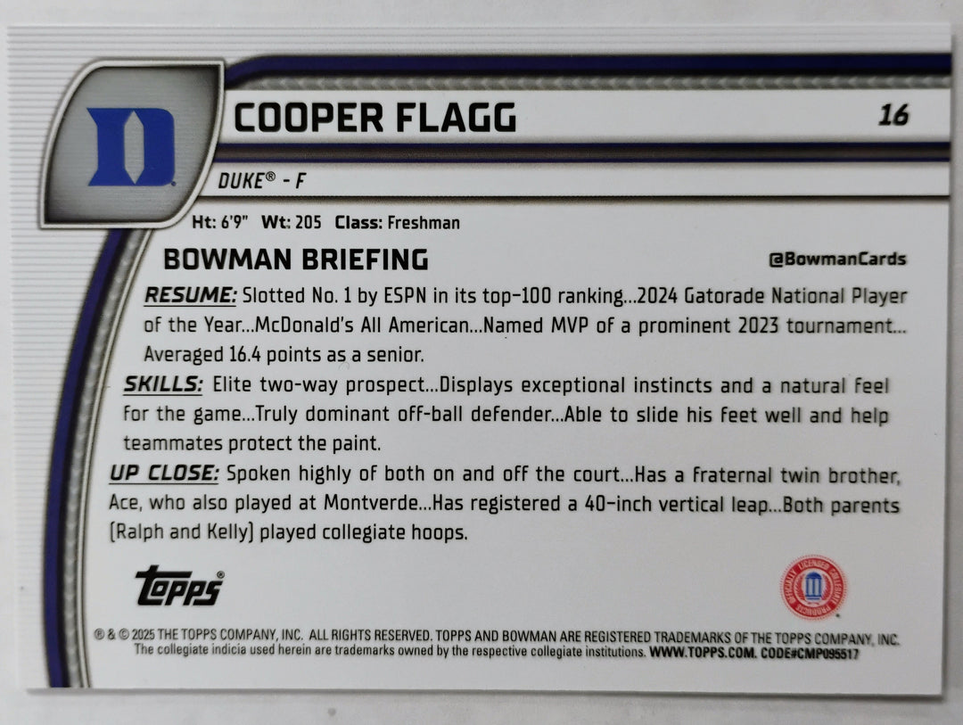 2025 Bowman Chrome U Basketball Cooper Flagg #16
