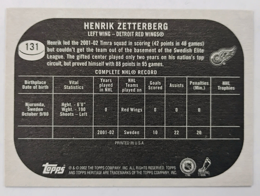 2002-03 Topps Heritage Hockey Henrik Zetterberg RC #131