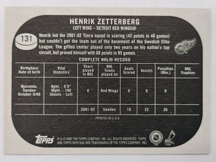 2002-03 Topps Heritage Hockey Henrik Zetterberg RC #131