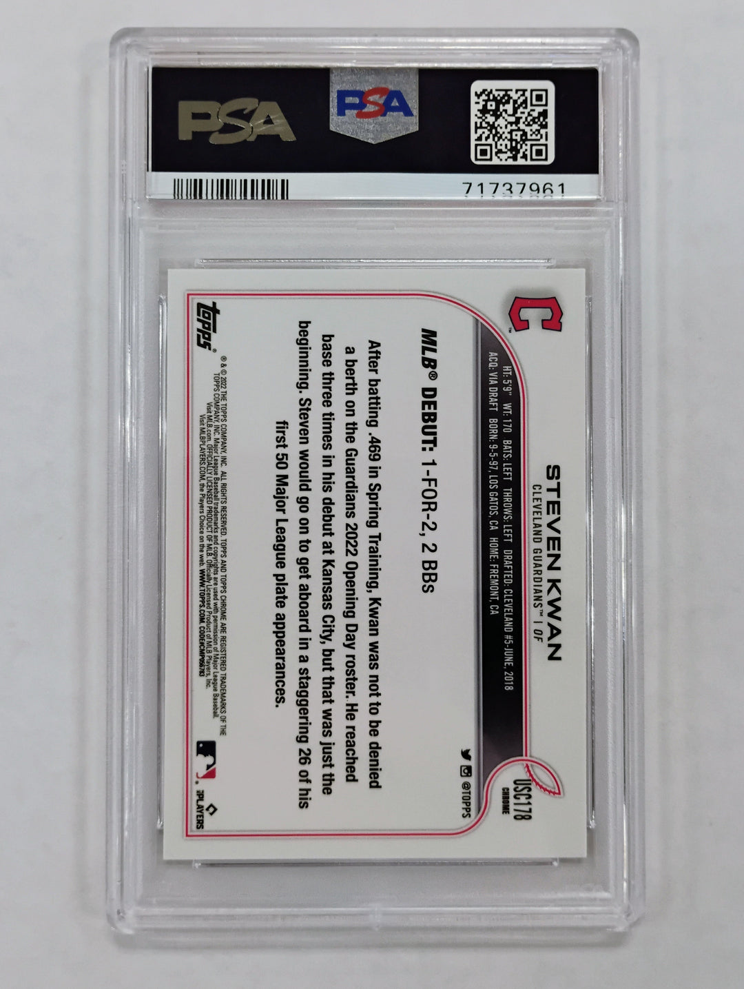 2022 Topps Chrome Update Steven Kwan #9 Pink Wave PSA 9