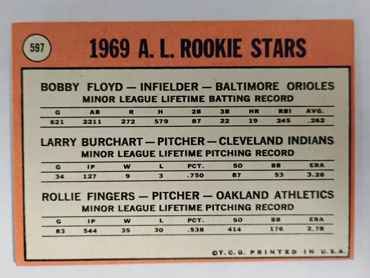 1969 Topps Baseball R. Fingers/B. Floyd/L. Burchart RC #597 NM-Mint