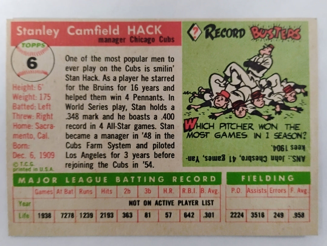 1955 Topps Baseball Stan Hack MG RC #6 NM/Mint OC