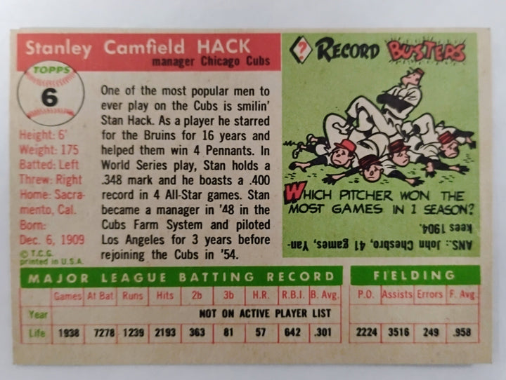 1955 Topps Baseball Stan Hack MG RC #6 NM/Mint OC