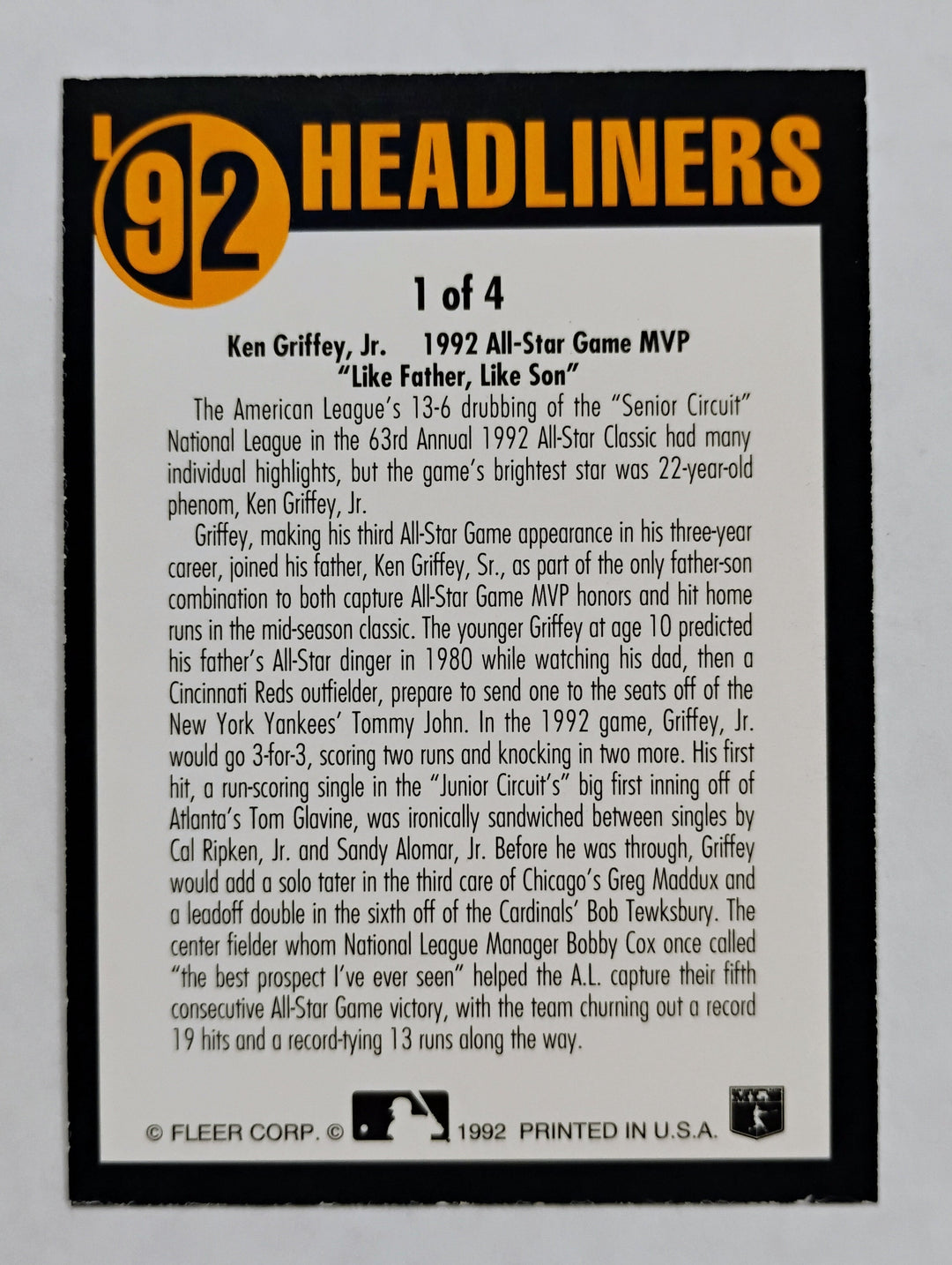 1992 Fleer Baseball Ken Griffey Jr. #1 Headliners