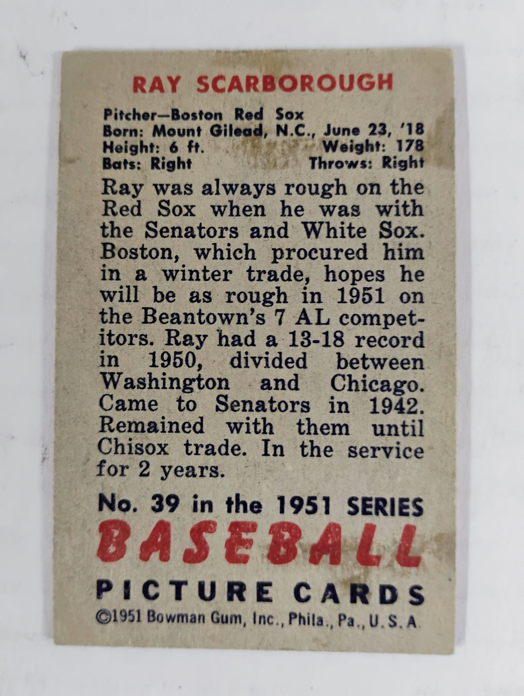 1951 Bowman Baseball Ray Scarborough #39 VG Partial Set Break