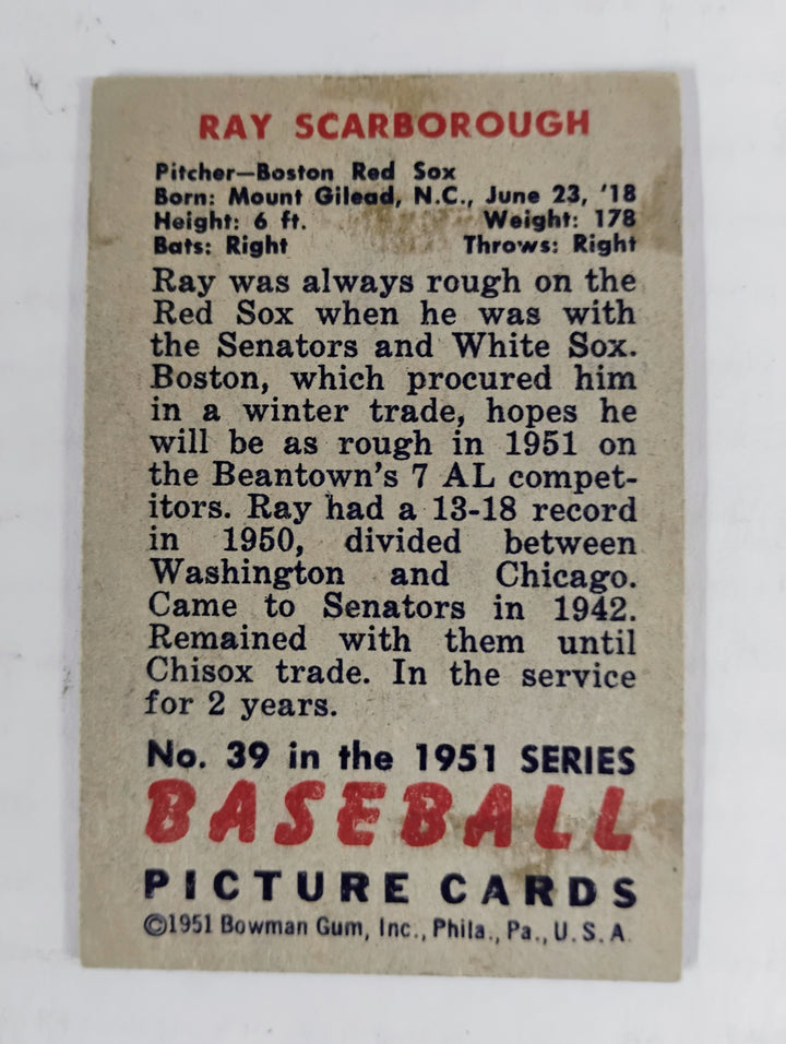 1951 Bowman Baseball Ray Scarborough #39 VG Partial Set Break
