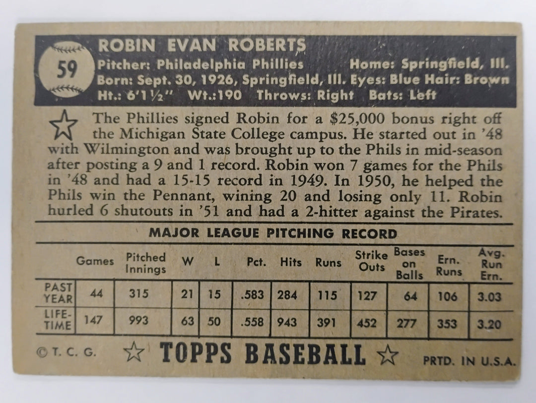 1952 Topps Baseball Robin Roberts #59 Black Back