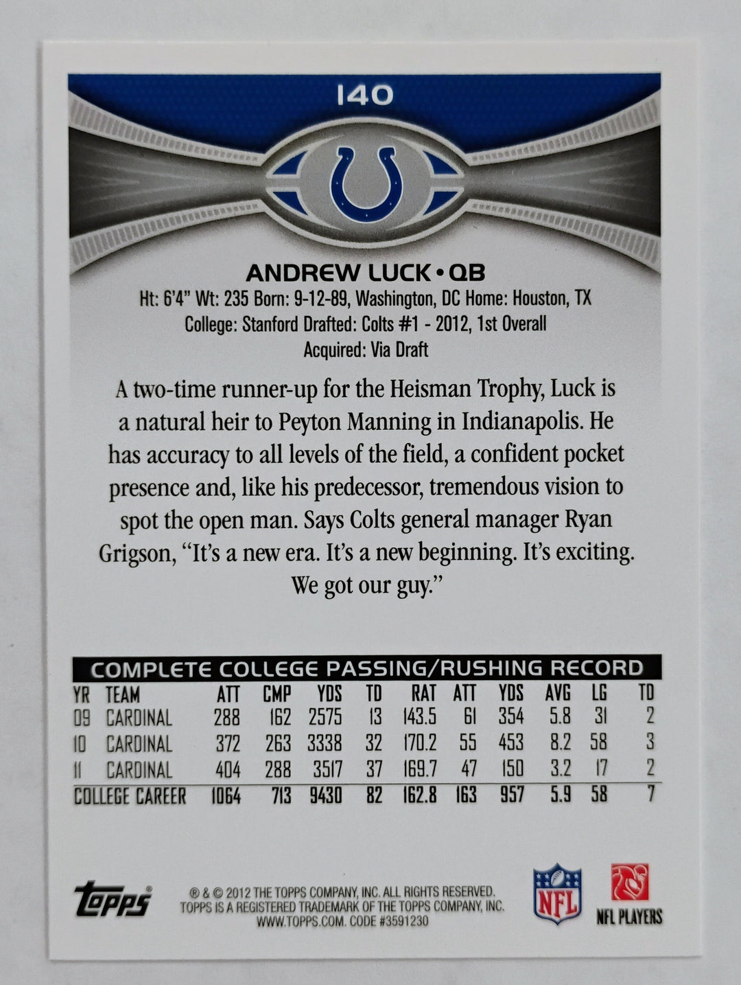 2012 Topps Football Andrew Luck Rookie Card #140