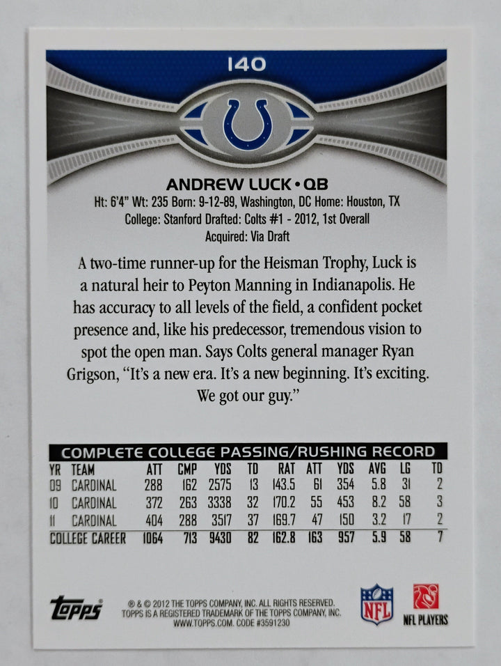 2012 Topps Football Andrew Luck Rookie Card #140