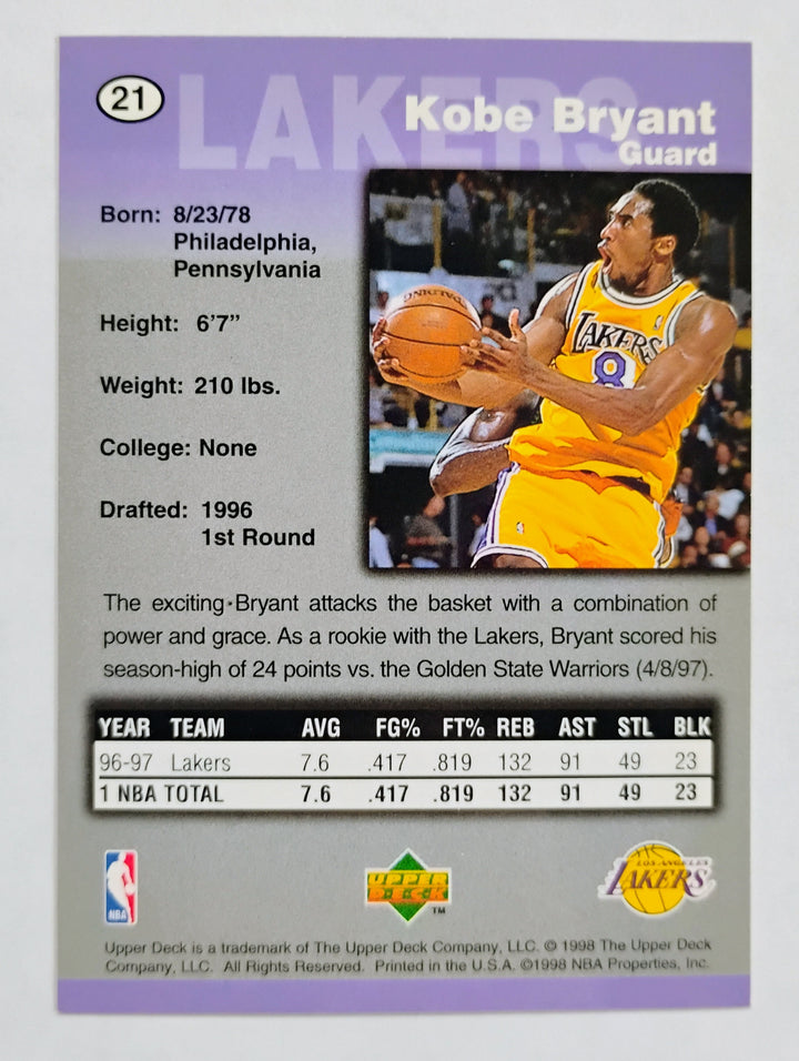 1998 Upper Deck Basketball Kobe Bryant #21 Gold