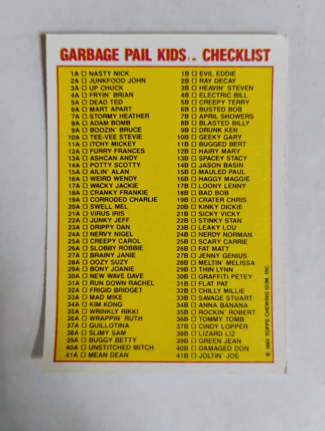 1985 Topps Garbage Pail Kids UK MINI Adam Bomb 8a Checklist Unmarked