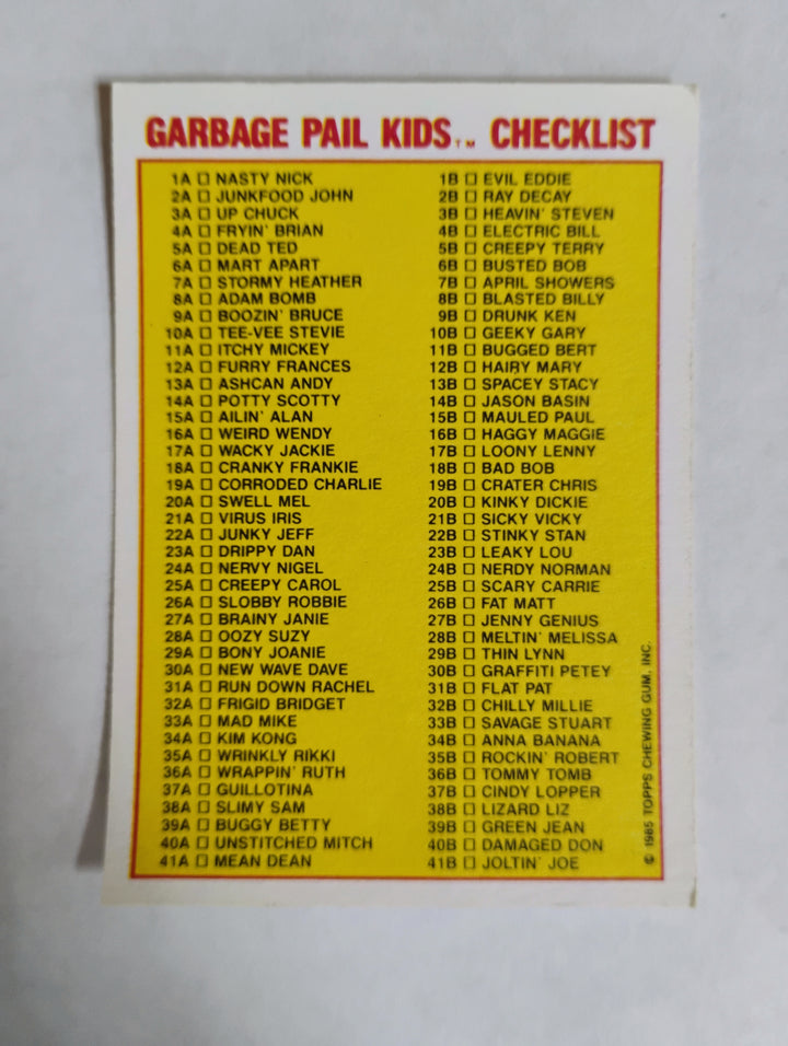 1985 Topps Garbage Pail Kids UK MINI Adam Bomb 8a Checklist Unmarked