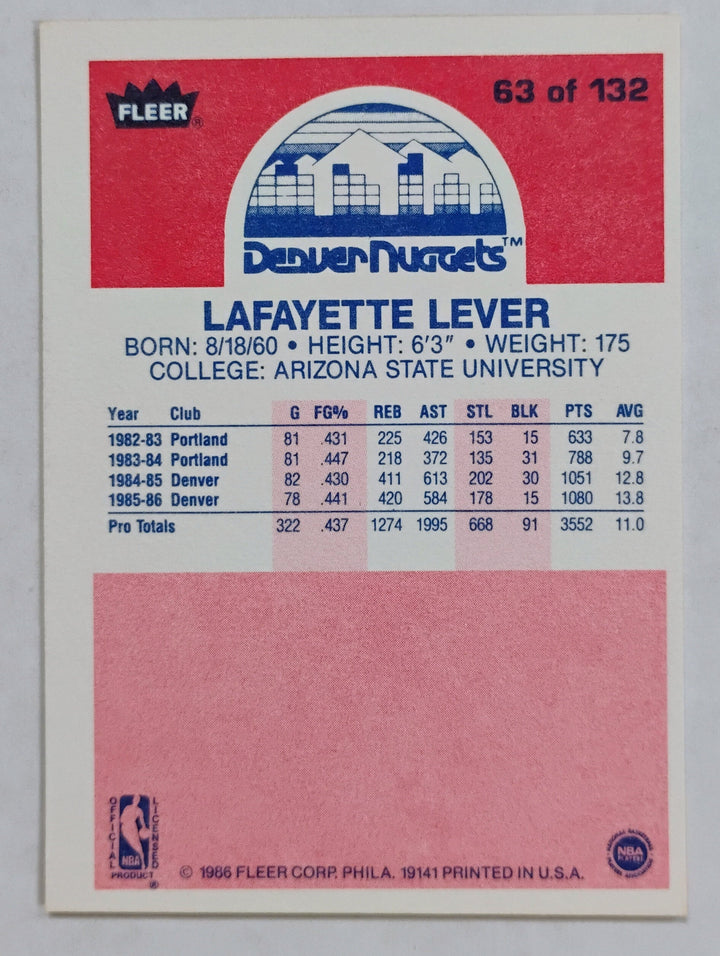 1986-87 Fleer Basketball Lafayette Lever #63