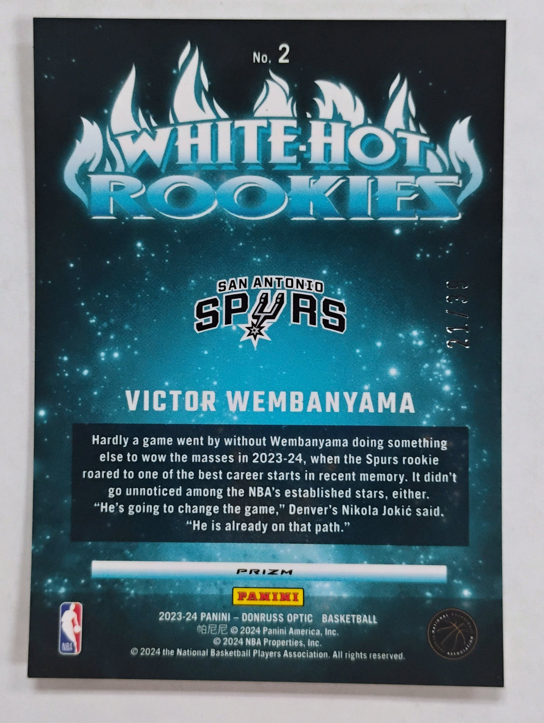 2023-24 Panini Prizm Basketball Victor Wembanyama RC #2 White Hot Rookies Orange Prizm /39