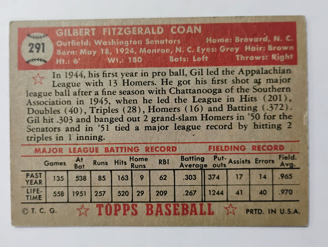 1952 Topps Baseball Gil Coan #291 Red Back