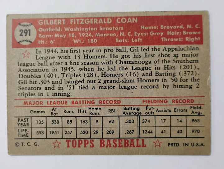 1952 Topps Baseball Gil Coan #291 Red Back