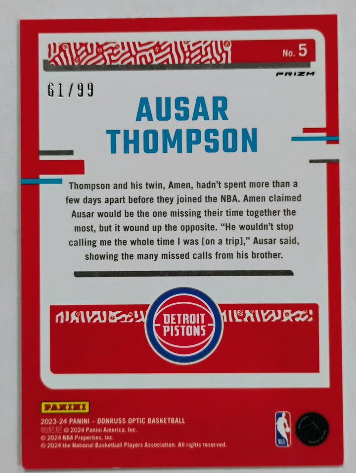 2023-24 Donruss Optic Basketball Ausar Thompson #5 The Rookies Red/Yellow Hyper Prizm /99