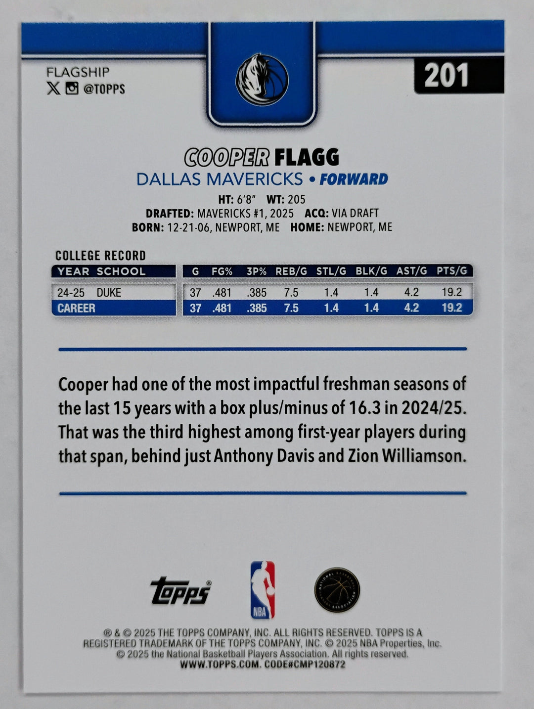 2025 Topps Basketball Cooper Flagg RC #201 Net Border