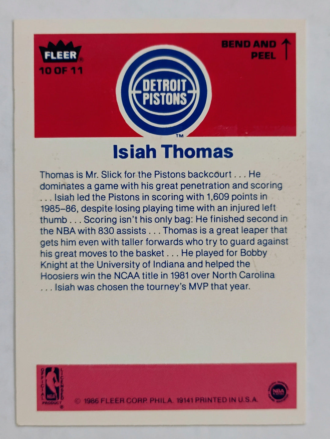 1986-87 Fleer Basketball Isiah Thomas #10 Sticker