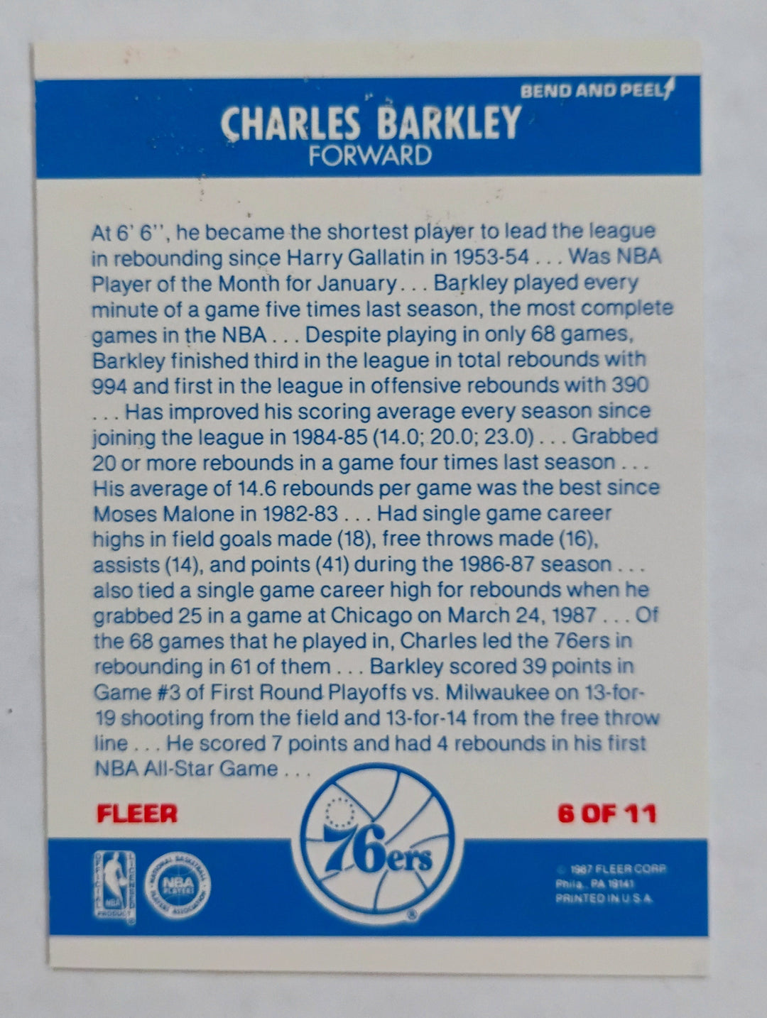 1987-88 Fleer Basketball Charles Barkley #6 Sticker