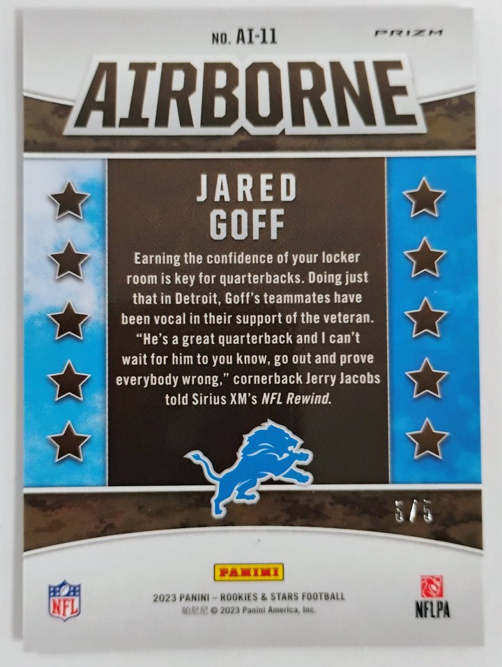 2023 Panini Rookie & Stars Football Jared Goff Airborn Prizm #'d 3/5