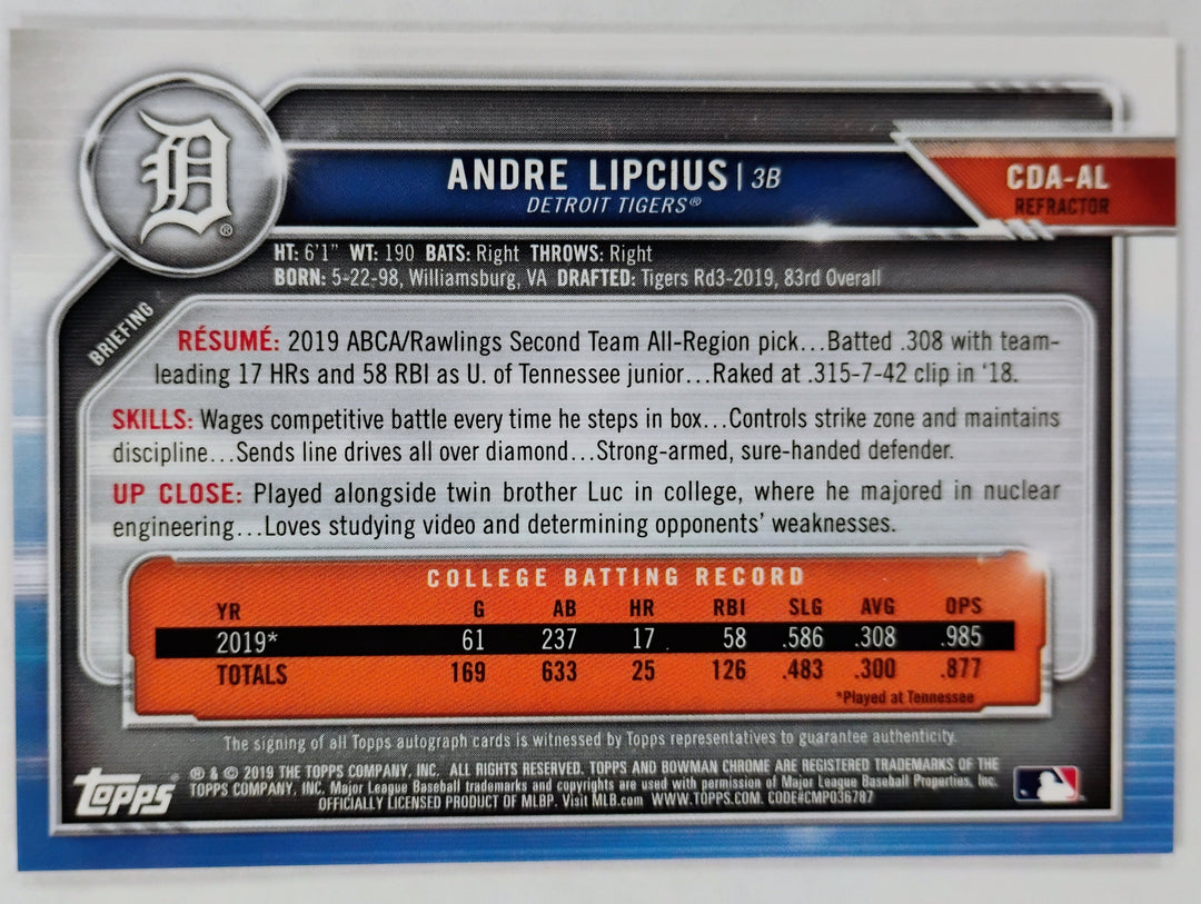 2019 Bowman Chrome Baseball Andre Lipcius #CDA-AL Refractor 263/499